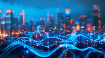 smart city and big data connection technology concept with digital blue wavy wires with antennas on 