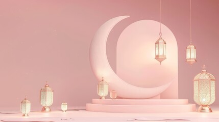 Wall Mural - Minimal blank template card for Eid alFitr in pastel styles, featuring elements of crescent moon and lanterns, with a large copy space on center for text