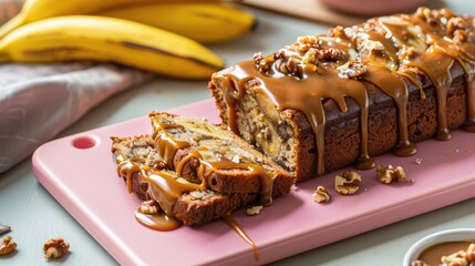 Homemade caramel drizzled over a sliced banana nut bread on a pink chopping board