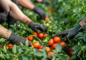 Gloved hands carefully harvest ripe tomatoes in a lush, green garden. The workers' faces are blurred in the background, emphasizing the rich bounty of the garden.