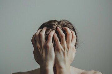 Person covering face with hands, expressing stress or anxiety against a plain background, illustrating emotional struggle or mental health issues.