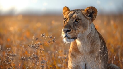 Wall Mural - a lion in a field of tall grass looking at the camera