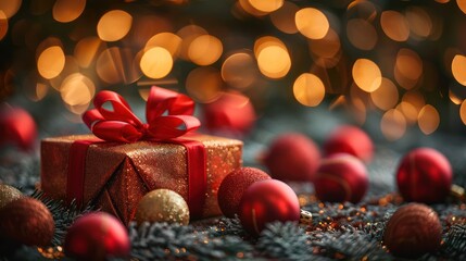 Wall Mural - Christmas Gifts and Ornaments with Bokeh Lights on Defocused Background