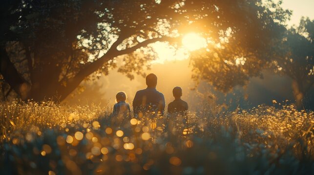 a family sitting in a field of grass at sunset