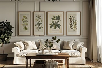 Poster - Frame mockup with a set of vintage botanical prints, bringing a touch of elegance to a classic living room.