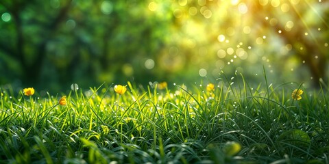 Poster - Vibrant green grass with yellow flowers, illuminated by the sunlight