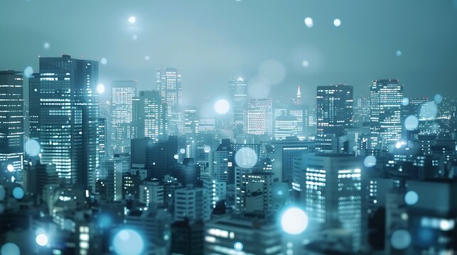 Modern city with wireless network connection and city scape conceptWireless network and Connection technology concept with city background at night : Generative AI