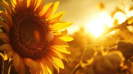 Wall Mural - close-up of sunflower in field at sunset with warm golden light