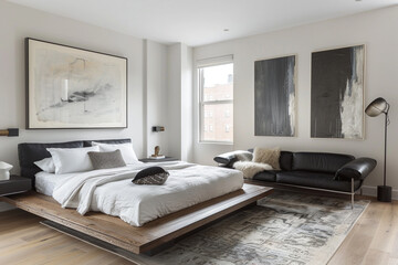 A modern haven boasting a platform bed embellished with crisp white linens, a sleek black leather sofa, and intriguing abstract art pieces that serve as focal points in the room.