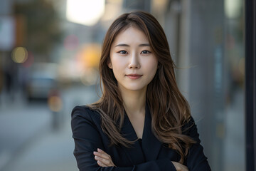 Canvas Print - Elegant Young Asian Woman in a Black Blazer Standing Confidently on a City Street