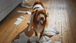 © stockbusters - Pet eating toilet paper in apartment closeup. Disobedient fluffy dog making mess