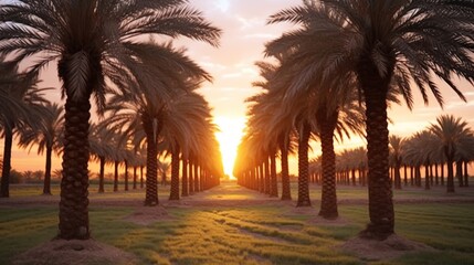 Poster - beautiful sunset in a palm grove. Neat rows of palm trees frame the path, with warm sunlight illuminating the entire view.