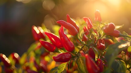 Wall Mural - Close-up of red chili peppers basking in the September sun, vibrant and enticing
