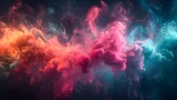 Fototapeta  - A high-definition abstract scene with a burst of vibrant pink, green, and blue shapes and smoke, creating a visually dynamic and realistic effect