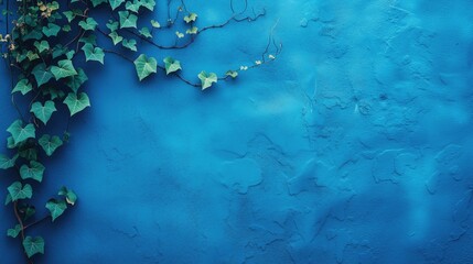 Wall Mural - Garden Ivy Vine Growing Up Textured Blue Wall Exterior Architecture Building Blank Empty Copy Space for Text Abstract Artwork Background Concept, Web Graphic Wallpaper, Digital Art Backdrop