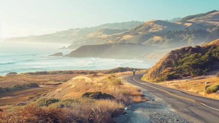 Wall Mural - Coastal road scene, grassy fields, rolling hills, ocean waves, bright daylight
