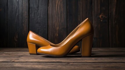 Wall Mural - pair of leather high heel shoes with a chunky heel are sitting on a wooden surface against a dark wood background.