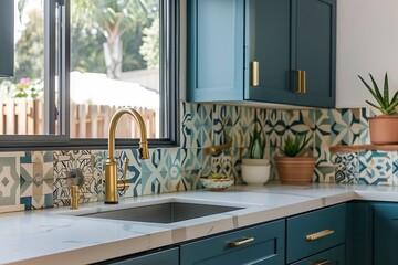 Wall Mural - Mid-century modern kitchen with teal-colored cabinets, a brass faucet, and geometric patterned tiles on the backsplash.