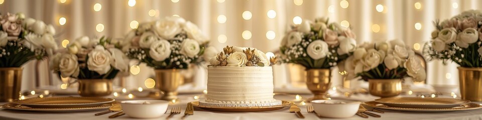 Wall Mural - A white and gold cake with party decorations that could be for a wedding reception or a fancy birthday party. 