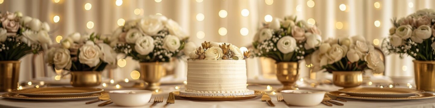 A white and gold cake with party decorations that could be for a wedding reception or a fancy birthday party. 