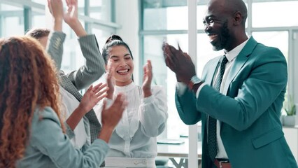 Poster - Businesspeople, group and pile of hands with office, teamwork and happiness with support. Teambuilding, law firm and success for motivation, help or mission for corporate attorney or legal consultant