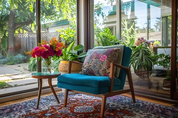 Wall Mural - Mid-century modern sunroom with a patterned rug, a plush armchair in a jewel tone, and a small side table with a vase filled with flowers.