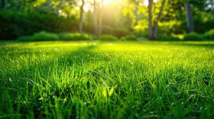 Wall Mural - Green grass illuminated by sunshine in a meadow Park weed as an artistic background image Stock photo for wallpaper