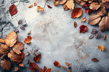 Wall Mural - A large pile of autumn leaves on a grey background. The leaves are of different colors, including red, orange, and yellow. Concept of warmth and nostalgia, as it reminds us of the changing seasons