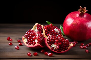 Wall Mural - Fresh pomegranate with vibrant red seeds on a dark wooden surface, showcasing a healthy and colorful fruit.