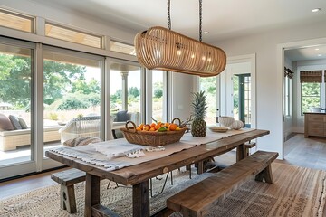 Wall Mural - Modern farmhouse dining room with a long wooden dining table and benches, a rustic chandelier overhead, and a woven basket filled with fruit on the table.
