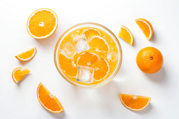 Sticker - Orange Slices and Ice Cubes in a Glass Bowl on White Background