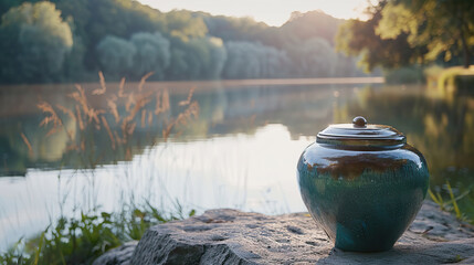 Serene Landscape with Elegant Cremation Urn by Peaceful Lakeside at Sunset