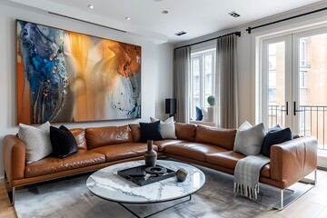 Wall Mural - Modern living room with a sleek leather sofa, a marble coffee table, and a large abstract painting on the wall.