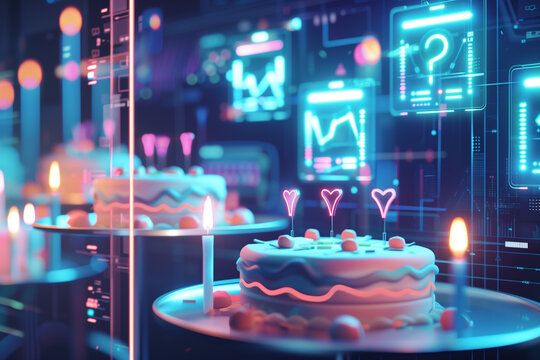 Futuristic birthday cake with glowing holographic candles. High Technology Party Theme. Cyber world virtual reality innovation and new technology abstract concept