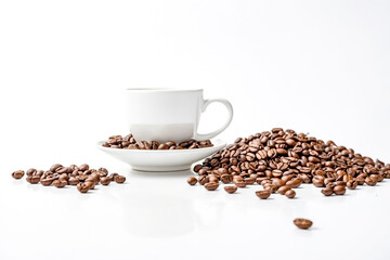 Poster - Coffee beans and a cup on white background