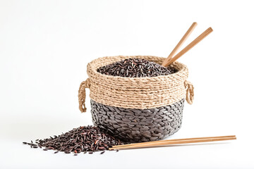 Canvas Print - Black Rice in a Wicker Basket with Chopsticks