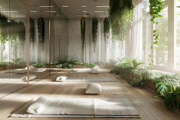 Canvas Print - Modern yoga studio light wood floors, hanging plants, mirrored wall.