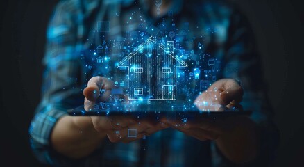 Wall Mural - A man holding tablet with smart home security system, digital house icons and network connection web icon hologram in blue color on screen . Digital technology for life design