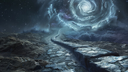 Wall Mural - A dark sky with a spiral galaxy in the middle. The sky is filled with stars and the galaxy is surrounded by a blue and white swirl. Scene is mysterious and otherworldly