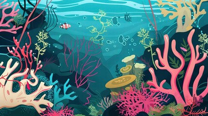 Canvas Print - Magical coral reef flat design front view, underwater fantasy, animation, complementary color scheme 