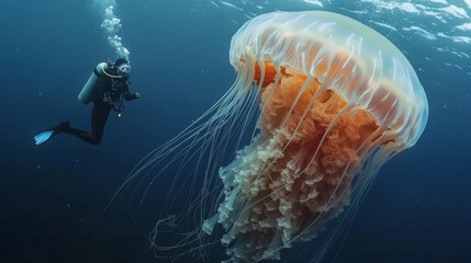 Wall Mural - A man in a black wet suit is swimming in the ocean next to a large jellyfish