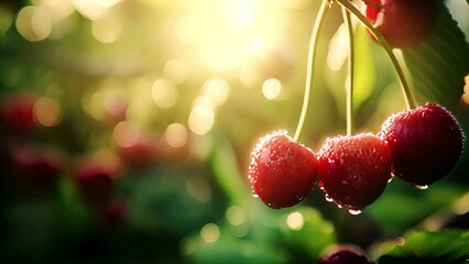 Wall Mural - Close-up of ripe cherries with water droplets on the tree branch.