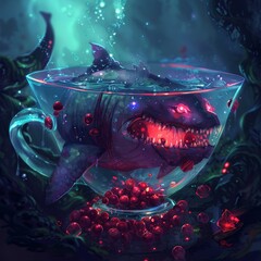 Canvas Print - A sea monster shaped like a fish is trapped in a cup in the deep ocean