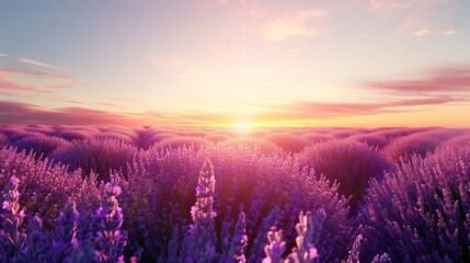 Wall Mural - a lavender field at sunrise with a clear blue sky, perfect lighting,