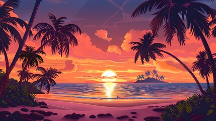 Tropical Beach at Sunset with Island
