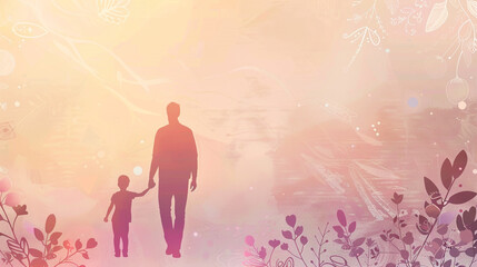 An elegant Father's Day background with an illustration of a father and child holding hands, set against a soft gradient backdrop with decorative elements and space for text.