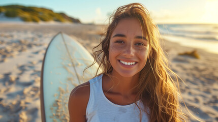 Wall Mural - happy tan surfer girl with surfboard on the beach --ar 16:9 --style raw --stylize 250 Job ID: f1032573-0c5c-4159-8deb-bb48c2ea2faf