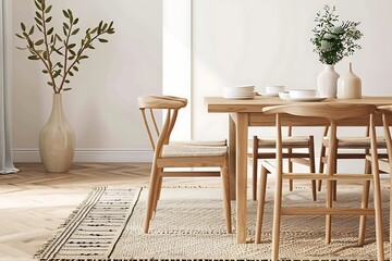 Wall Mural - Scandinavian dining room with a light wood dining table and chairs, a woven rug with geometric patterns, and a vase filled with greenery on the table.