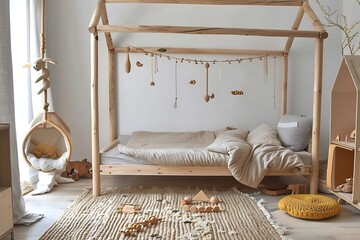 Wall Mural - Scandinavian kid's room with a light wood bed frame, a woven rug with playful animal shapes, and a mobile with hanging wooden toys.