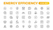 © artnazu - Energy efficiency icon set. Calculator, energy-saving light bulb, piggy bank, solar panel, circular economy, battery, home insulation, energy class vector illustration